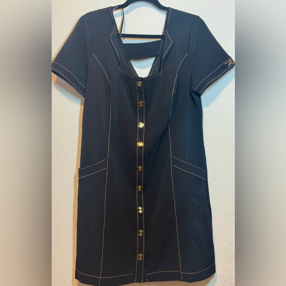 Karl‎ Lagerfeld Black Sheath Midi Dress V-Neck Size 14